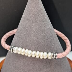Honora Pearl Pink Braided Leather 925 Sterling Silver Bracelet